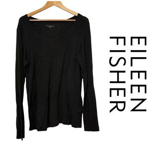 Eileen Fisher Long Sleeve Shirt Charcoal Gray Scoop Neck Italian Yarn Stretch XL